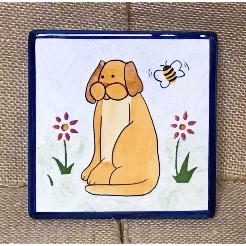 Dog And Bumble Bee Tile Coaster Hand Painted Art Karen DeAlwiss Whimsical Kitsch